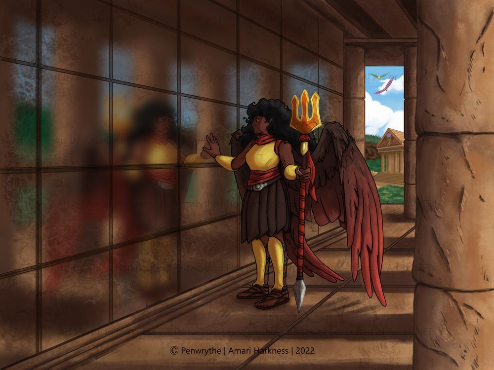Illustration of my character, Nikey - Antiquian Goddess of Victory, standing in under the shadow of a temple. She is a Black goddess wearing red and brown wings, golden armor, and red scarves. The temple is dusty and browned with age. Nikey puts a had on the mirrored side of the temple where her reflection is. She looks mournfully at it. Beside her, she holds her trident.