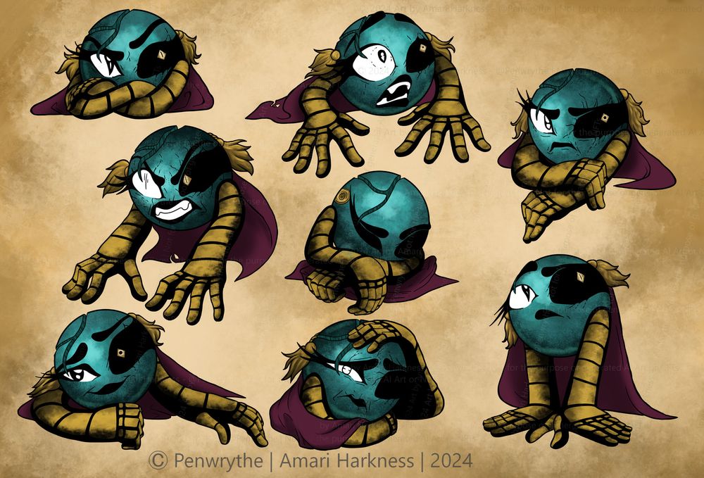 Illustration character sheet showing Eightenate, a living rock with arms, in various poses. Each pose shows her character as she grows through emotions, suspicious, shocked, enraged, sleepy, nervous, happy, sad, curious.