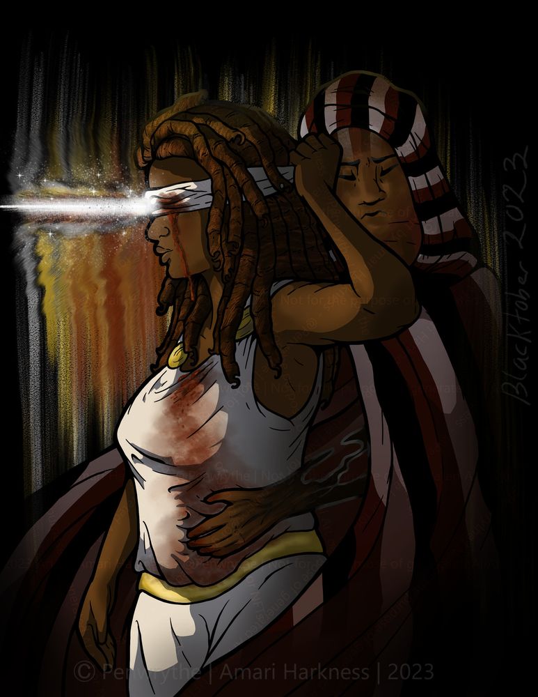 Illustration of two people, Medusa and Eshu, in a dark environment. Medusa is a Black woman with a cloth over her bleeding eyes, from which bright light radiates from. Eshu is a Relic, a living red, white, and black cloak. He has partially human-like features formed from his ichor. His arm is by Medusa side, supporting her. 