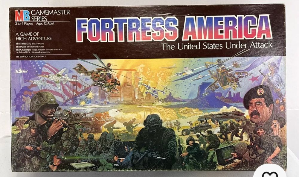 Picture of Milton Bradley’s board game Fortress America.  Played with miniature military pieces as the US tries to defend itself against the world - no nukes involved.