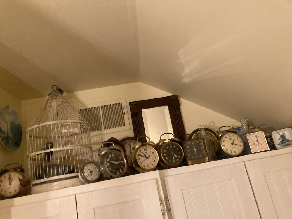 A photo of an upstairs bathroom shelf that is full of old round mechanical alarm clocks, and a birdcage with a fake bird inside. 