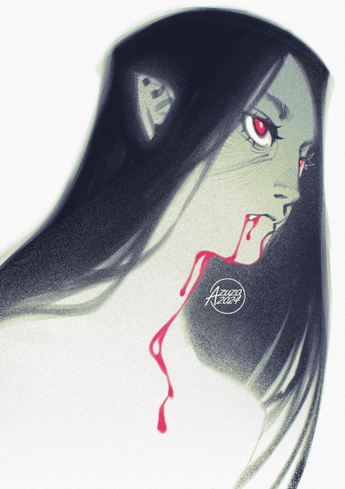 Portrait of a vampire with blood dripping from their mouth.