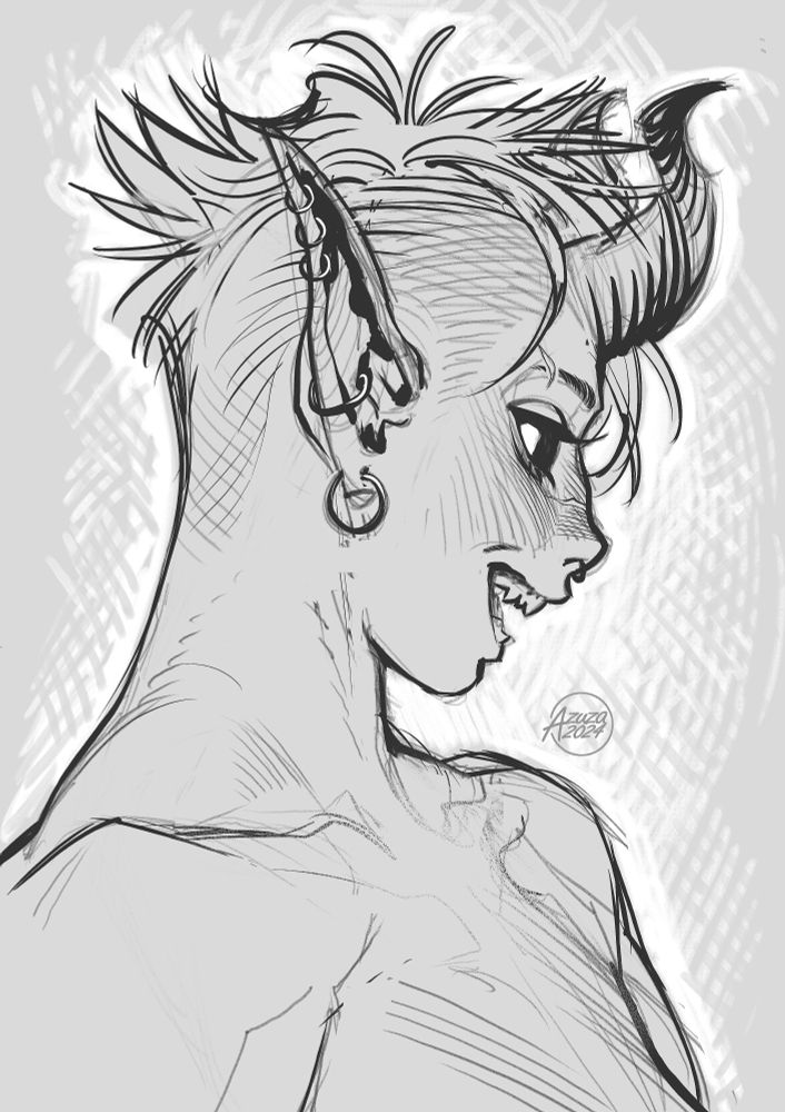 side profile portrait sketch of my tiefling character Zavine with short hair.