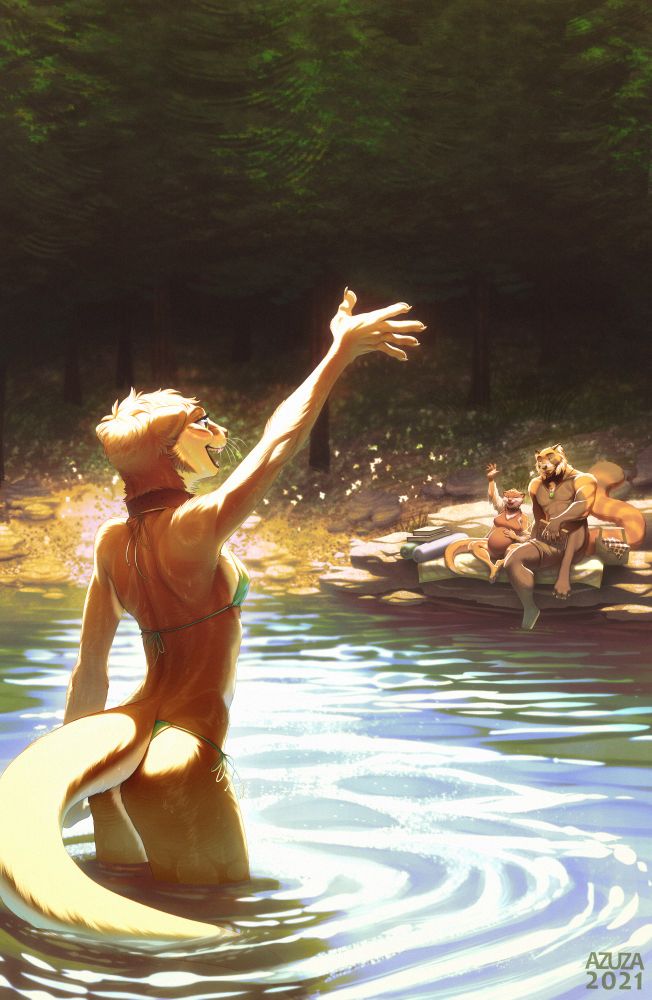 Illustration of three characters enjoying the sunny day in a lake. The POV in looking parallel to the horizon. There is a an otter character in the water, waving to other two characters (otter and red panda) sitting in a rock further away close to the lake.
