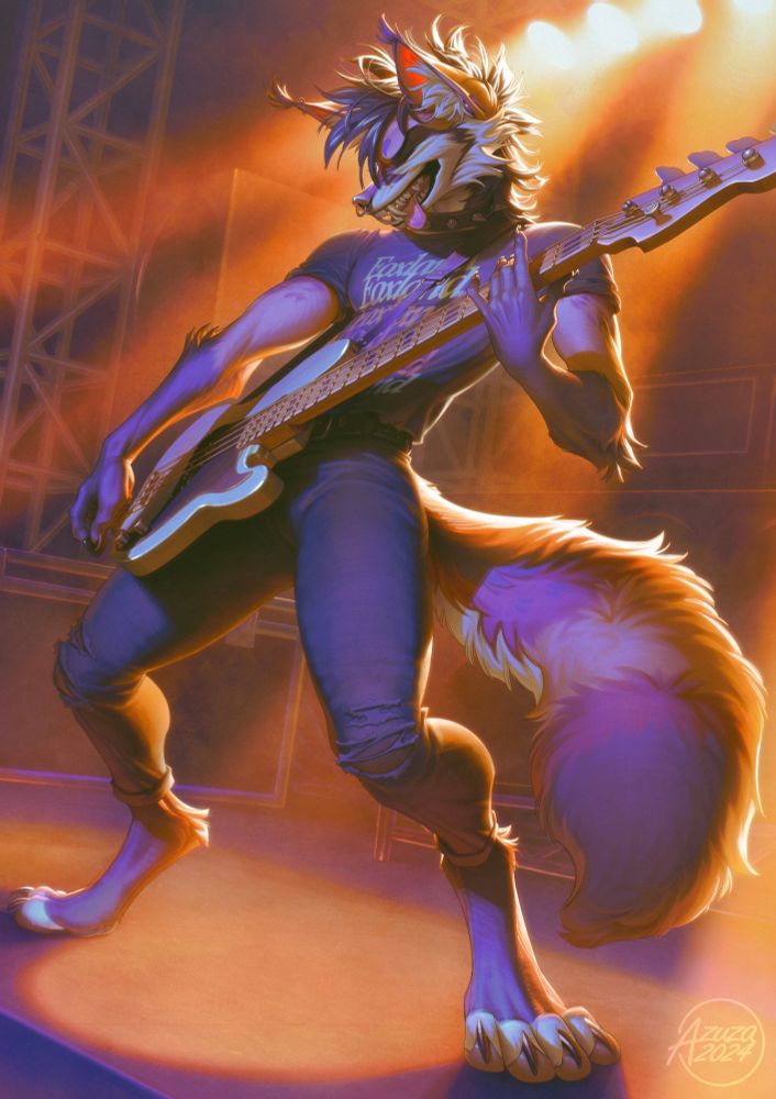 Illustration of a fox character playing the bass on top of a stage.