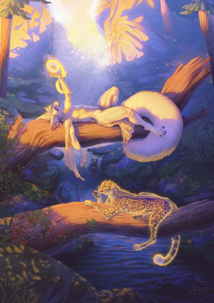 Illustration featuring two characters resting on tree trunks over a lake. In the background, a forest with a waterfall, it's dawn time.
The character on the top tree trunk is anthro, she's laying with her belly up while wielding a golden glowing ball. The character on the bottom trunk is a spirit animal, in the form of a cheetah, he is cleaning his paws, looking relaxed.