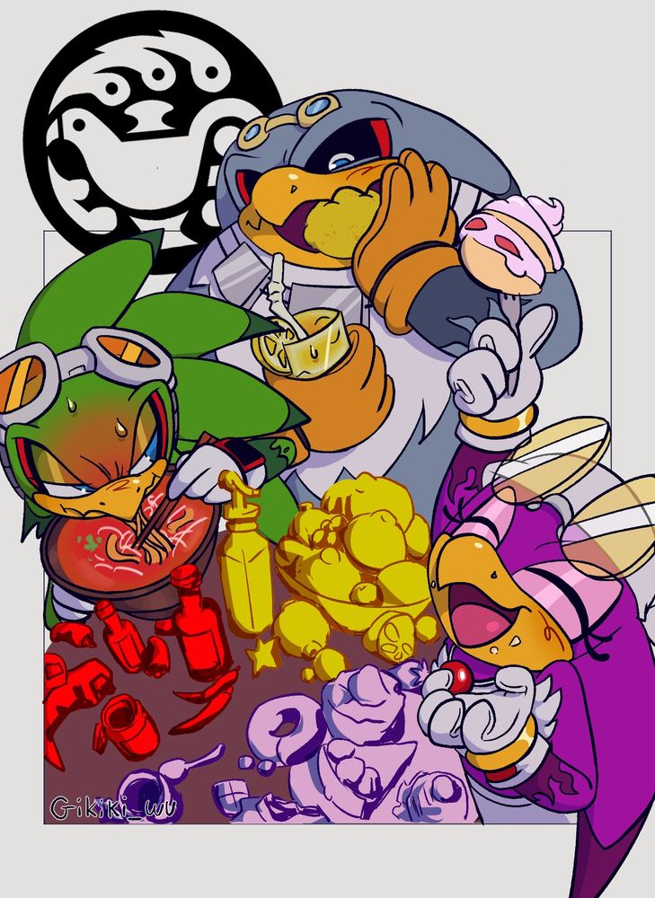 A drawing of Jet the Hawk, Wave the Swallow, and Storm the Albatross eating a variety off foods, all split into categories like Spicy, Sweet, and Sour. The drawing is made to reference an existing photo from the Spicy vs Sweet vs Sour Splatoon splatfest art. 
