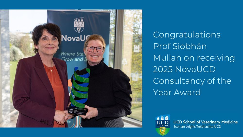 UCD President Prof Orla Feely presenting the NovaUCD award to Prof Siobhán Mullan, with caption ‘Congratulations Prof Siobhán Mullan on receiving 2025 NovaUCD Consultancy of the Year Award’ and logo of UCD School of Veterinary Medicine