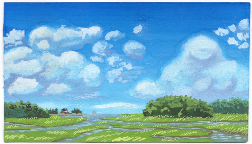 a small gouache painting of a marsh in late spring with distant woods, clouds, a house, and a ship, with great big fluffy clouds.