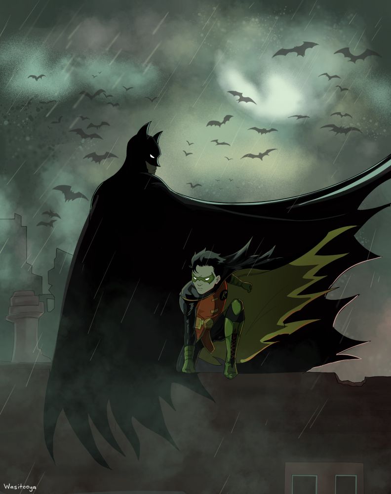 Batman and Robin posed up aura farming, while Damian surveys his surroundings. Behind both of them, is a sky filled with bats amidst a rainy and cloudy night sky. 