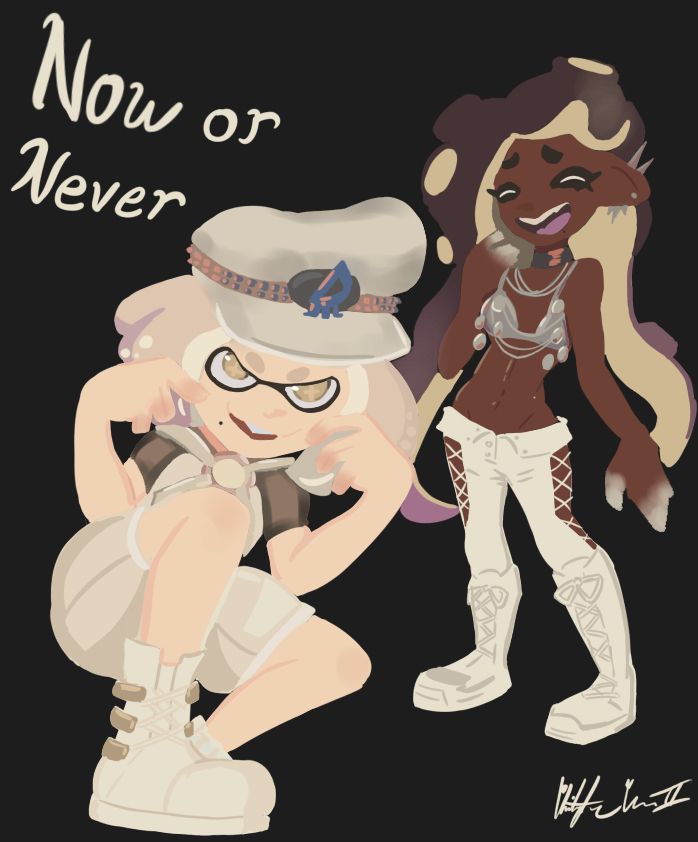 The illustration depicts Pearl and Marina from Splatoon 2 in their Grand Splatfest fits. Pearls is squatted down striking a pose while Marina stands closely behind laughing. 