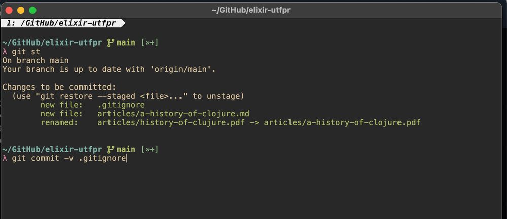 janela do terminal kitty mostrando uma lista com 3 mudanças a serem commitadas. Abaixo, o comando do post aguardando para ser ativado para comimtar apenas o arquivo .gitignore