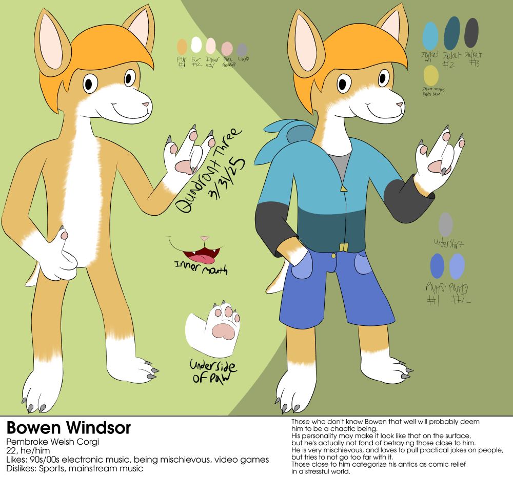 Ref sheet for Bowen Windsor (my corgi fursona).
