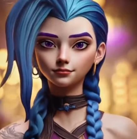 Jinx issue de la vidéo générée par ia (dans le post citée plus haut) avec un style d'ia standard totalement lisse qui rappel à peine le personnage
