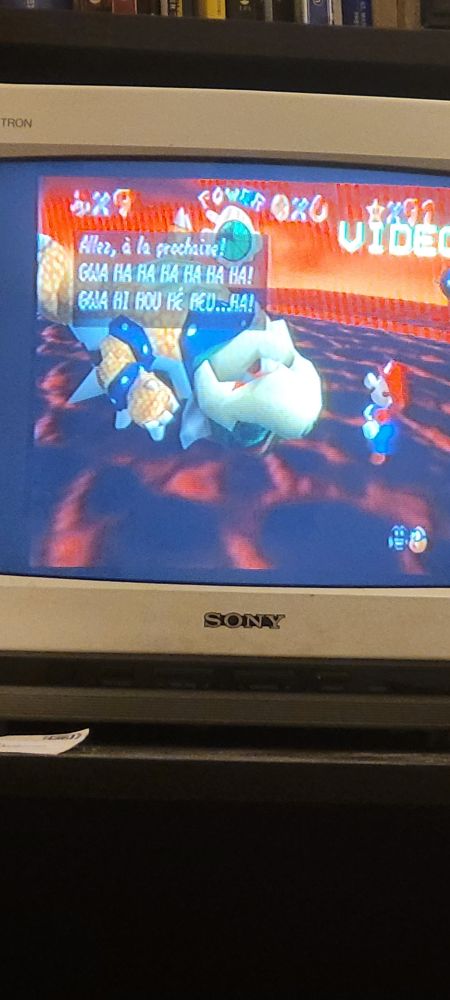 photo de mario 64. bowser s'allonge, il dit "allez, à la prochaine! GWA HA HA HA HA HA HA! GWA HI HOU HÉ HEU...HA!"