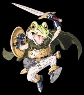 art of the character "frog" from the video game "chrono trigger". frog is a bipedal frog with a sword and a shield and warrior's clothing
