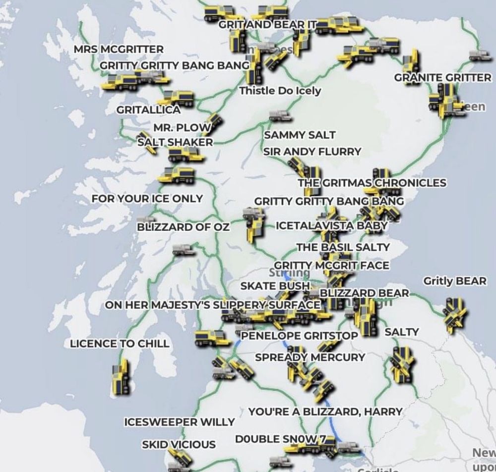 Weather map of Scotland marking places of road gritters with their names displayed 