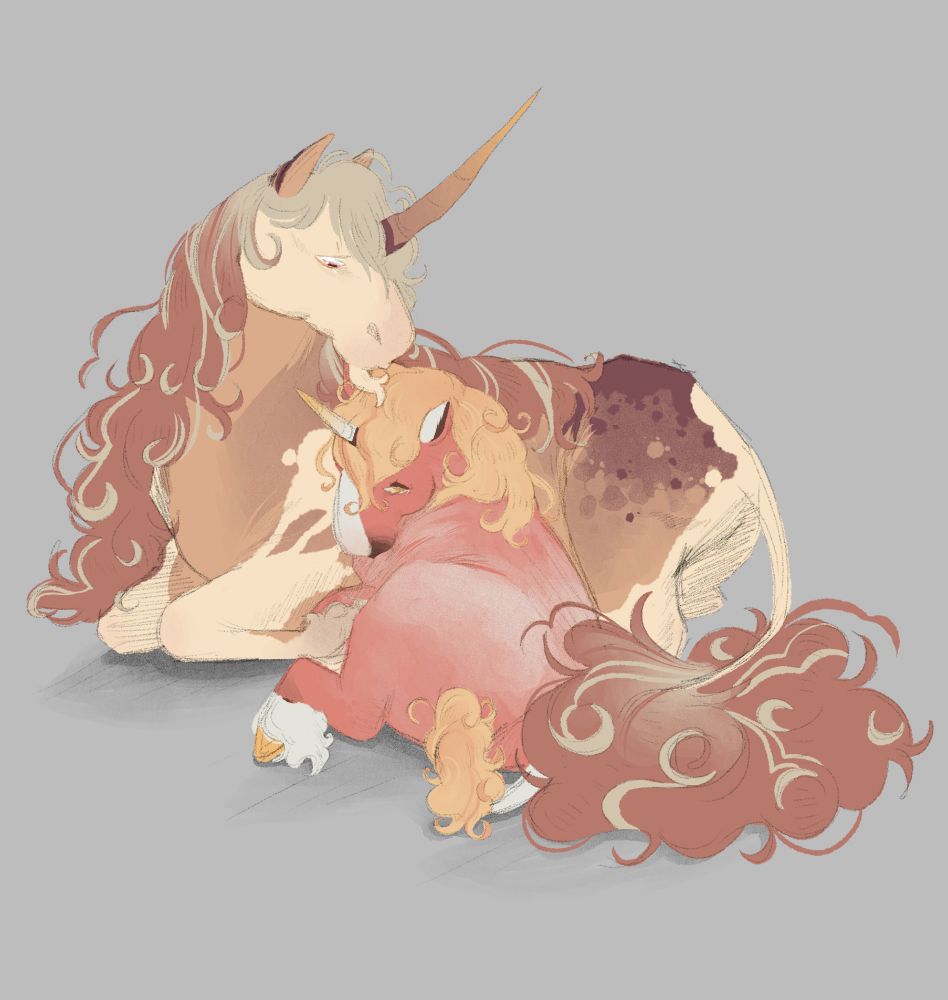 A young, red dun unicorn resting against her older sister. The younger unicorn has her eyes closed while the older one is gently looking down at her. Both are content.