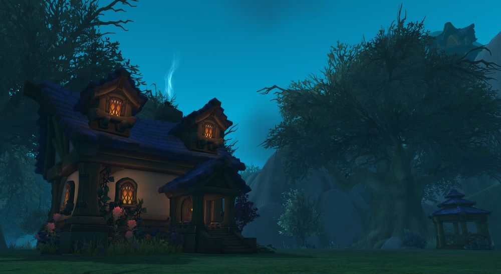 A screenshot of a cozy little home in a dark and spooky forest, located in the Founder's Point neighborhood in the World of Warcraft Midnight alpha test.