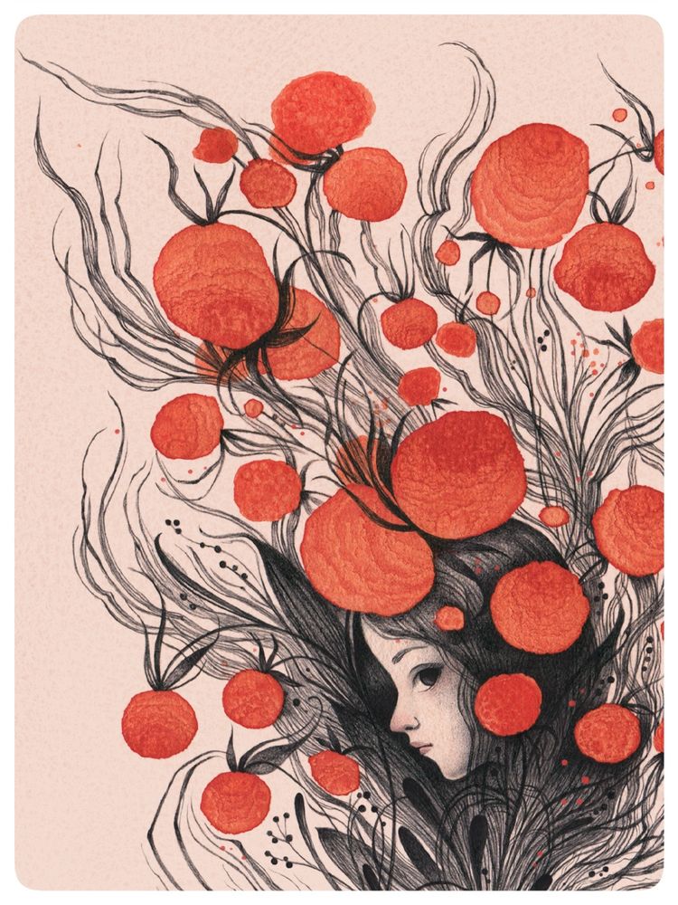 Illustration. Girl, branches, red flowers. 