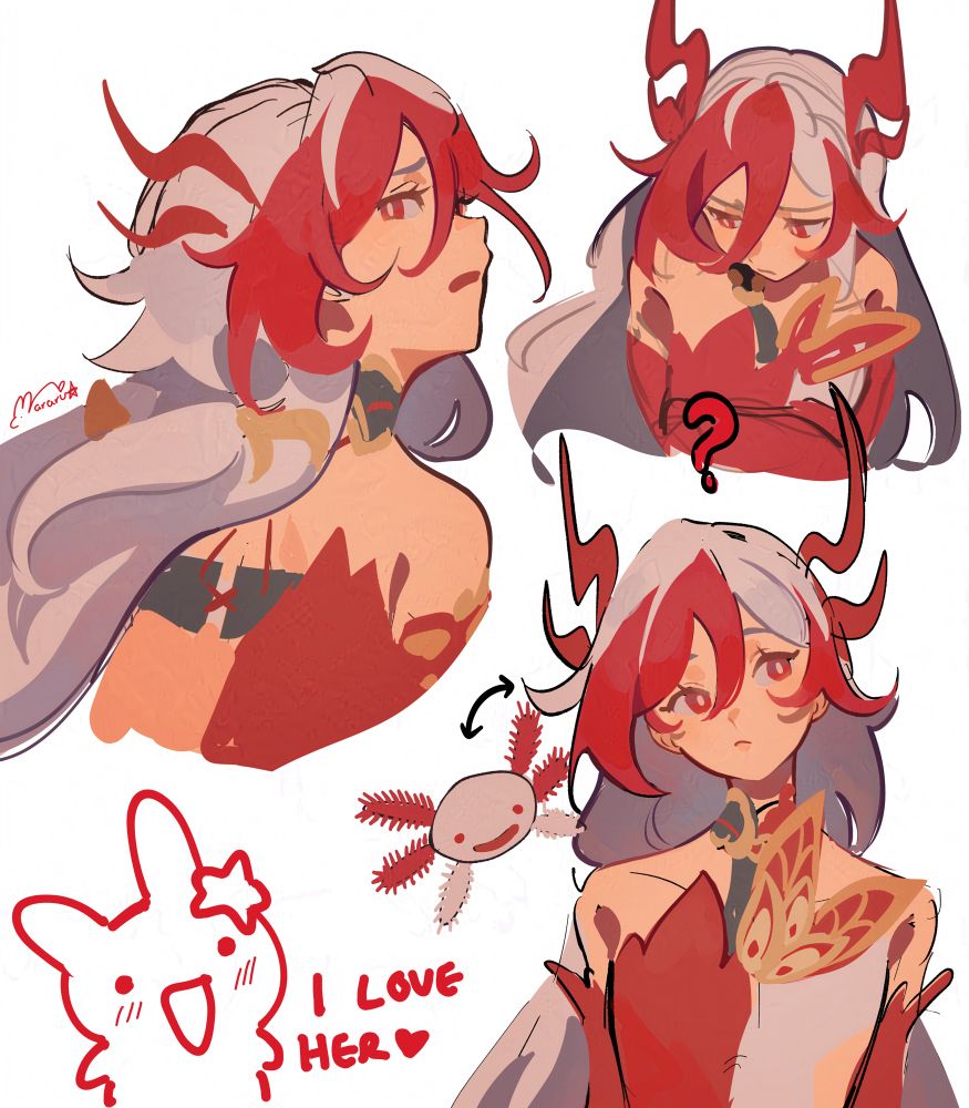 Three doodles of Garuda fu Hua from Honkai Impact 3rd. One has a confused look as she’s compared to an axolotl in appearance. Another is looking over her shoulder at the camera with a flustered expression. And the last has a worried look as we view her from a top down angle. There is a small rabbit sketch in the corner of the artist that says “I love her”