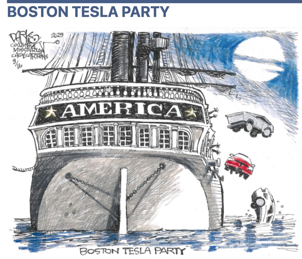 Cartoon entitled Boston Tesla Party showing a tall masted ship named America with tesla cars being tossed over the side into the water.