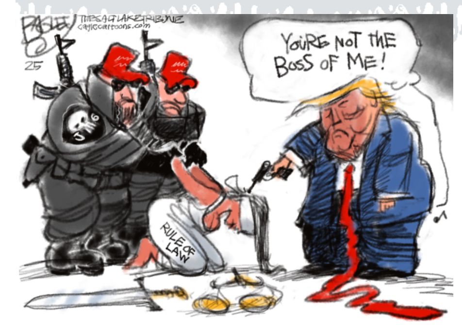Cartoon showing Trump with a gun aimed at a personification of the rule of law, while saying,”You’re not the boss of me!”