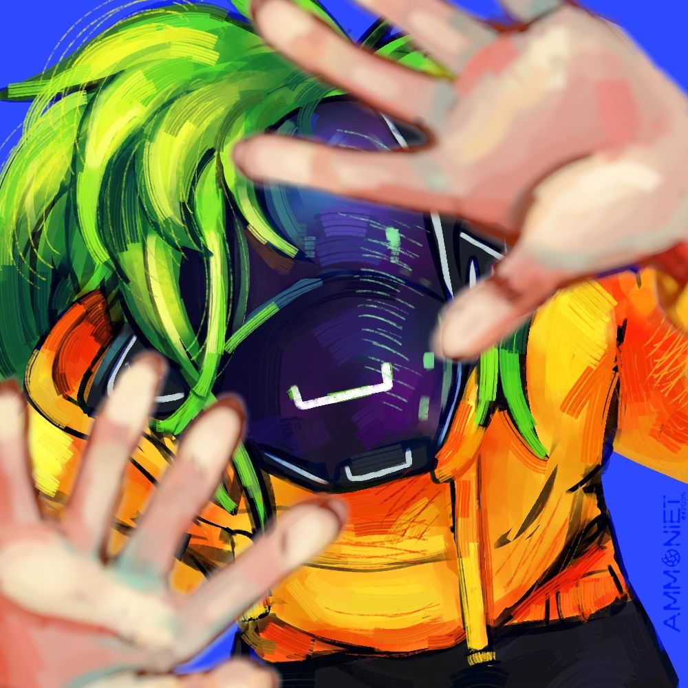 A digital painting of a white man wearing a mask with a smiley face on it. The mask is a blue-purpleish colour and mostly featureless but a :] face on it. It's glass and brightly shaded.
He has bright green hair, a yellow hoodie and appears to be leaning down towards the viewer with his hands pressed up against the 'screen'. 