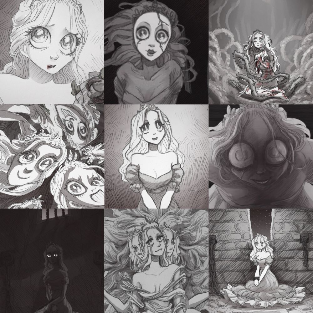 A collage of screenshots from Slay the Princess featuring a princess in black and white illustrated style with various faces and personalities