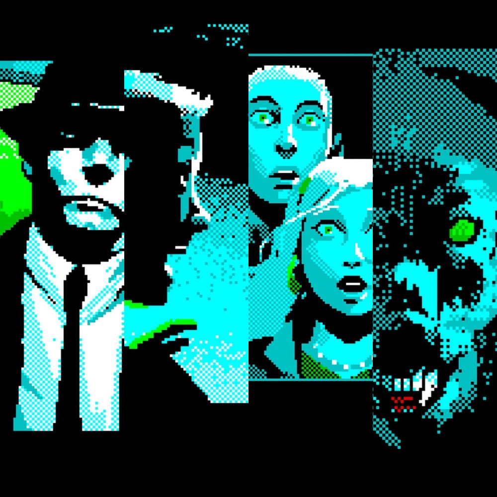 A collage of screenshots from Mothmen 1966 featuring pixel art of a man in a black hat and suit, a man screaming, two people looking stunned, and a scary wolf