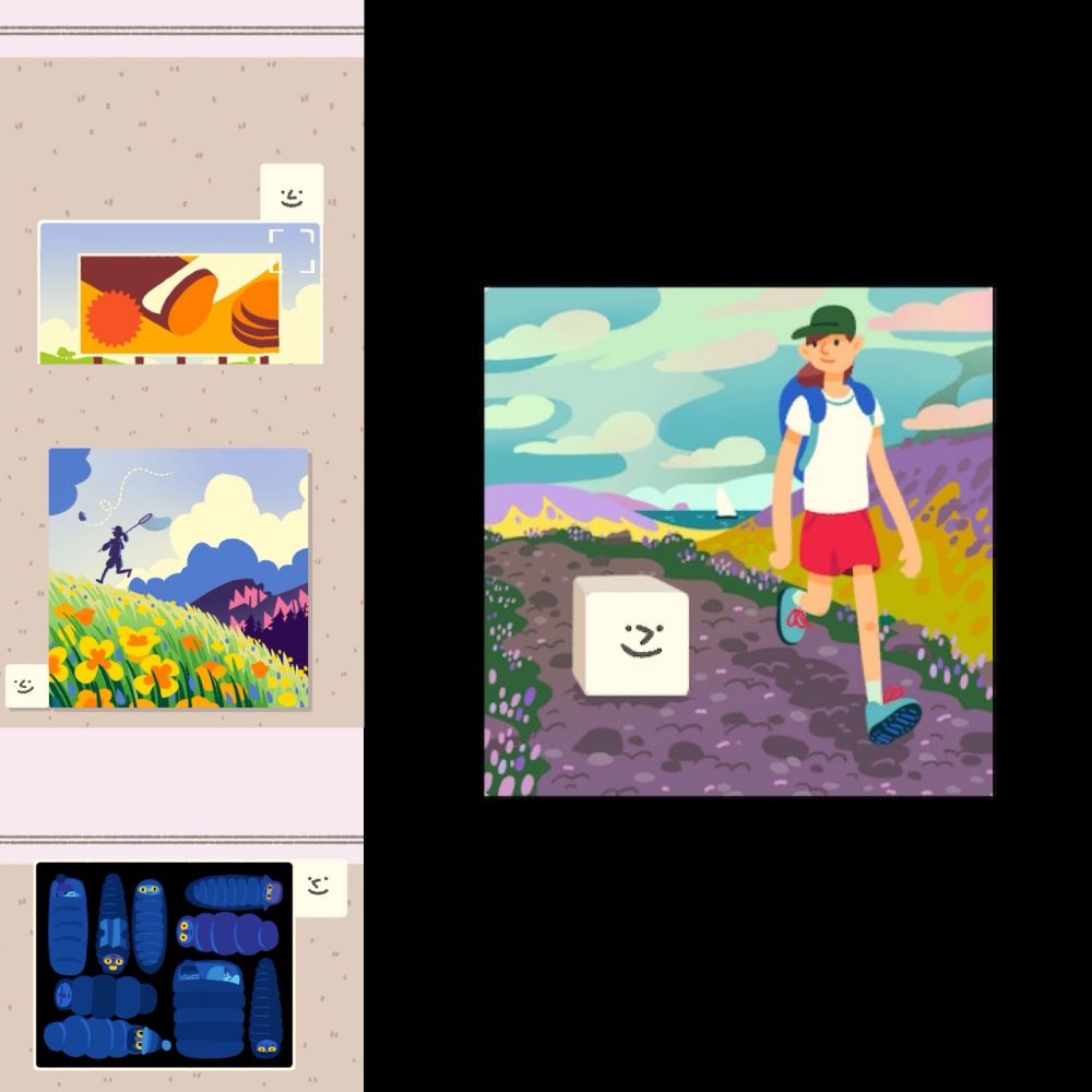 A collage of screenshots from Wilmot Works It Out, featuring Wilmot, a white cube with a face, as he sits next to pictures of a cut sausage, an outdoor scene with flowers, and insects with sleeping bags, along with another picture of Wilmot walking outside with a person on a trail