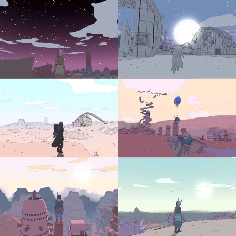 A collage of screenshots from Sable featuring wide landscapes of desert land with wide, colorful skies in the distance