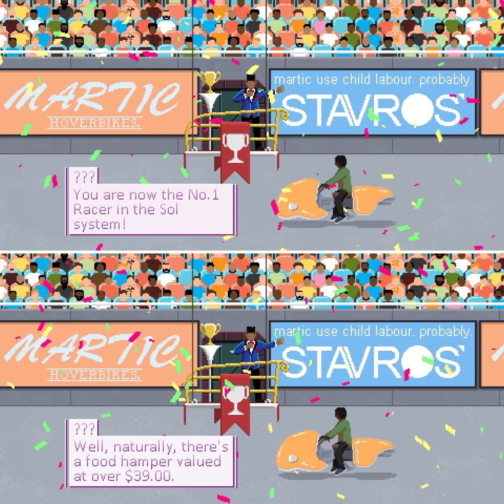 A series of two screenshots from Desert Child featuring a man on a hover bike at a finish line with confetti, a trophy, and a crowd looking. The text says, “You are now the No. 1 Racer in the Sol system!… Well, naturally, there’s a food hamper valued at over $39.00.”