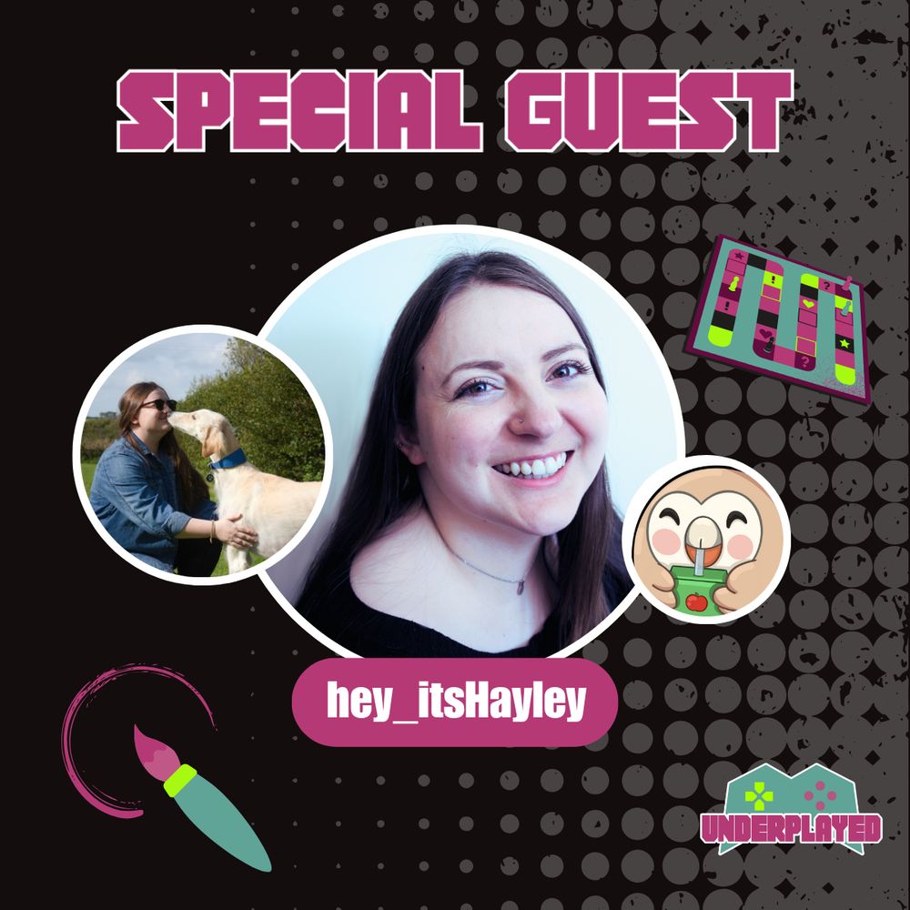 A “special guest” graphic featuring a portrait of hey_itsHayley in the center, with other pictures and art surrounding it including Hayley with her dog, an illustrated Rowlet from Pokemon drinking a juice box, a board game, a paintbrush, and the text “hey_itsHayley”