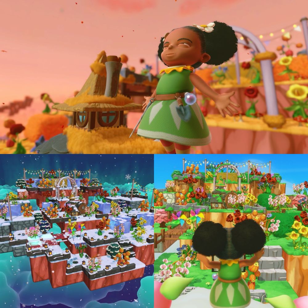 A collage of screenshots from the game Tempopo featuring a girl in a green dress standing outdoors on platforms in the sky as she’s surrounded by beautiful flowers, and wide shots of platforms adorned with colorful flowers in various seasons