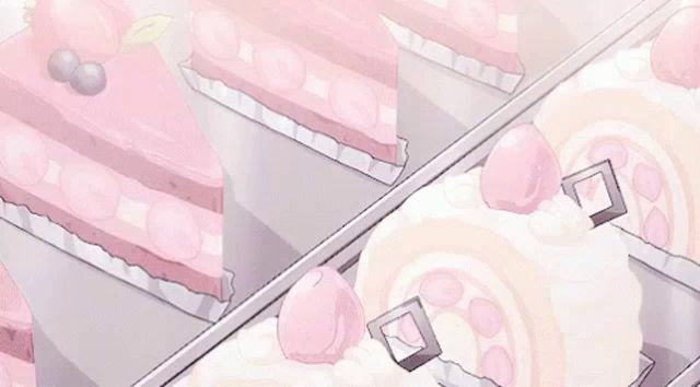 a bunch of pink and white cakes are sitting on a shelf .