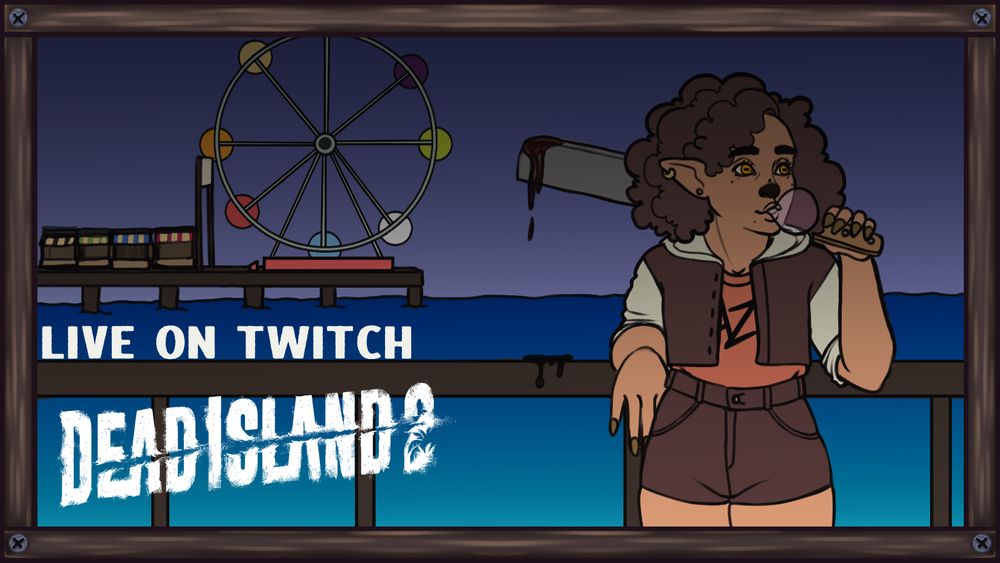 Kaz, who is wearing a brown cropped letterman jacket, orange shirt and brown shorts, looks off while blowing a bubble. They hold their two handed cleaver, which is dripping with blood. 

Behind them is a feris wheel and a boardwalk that consists of various stalls. 

The text reads: Live on twitch Dead Island 2
Kaz, who is wearing a brown cropped letterman jacket, orange shirt and brown shorts, looks off while blowing a bubble. They hold their two handed cleaver, which is dripping with blood. 

Behind them is a feris wheel and a boardwalk that consists of various stalls. 

The text reads: Live on twitch Dead Island 2
