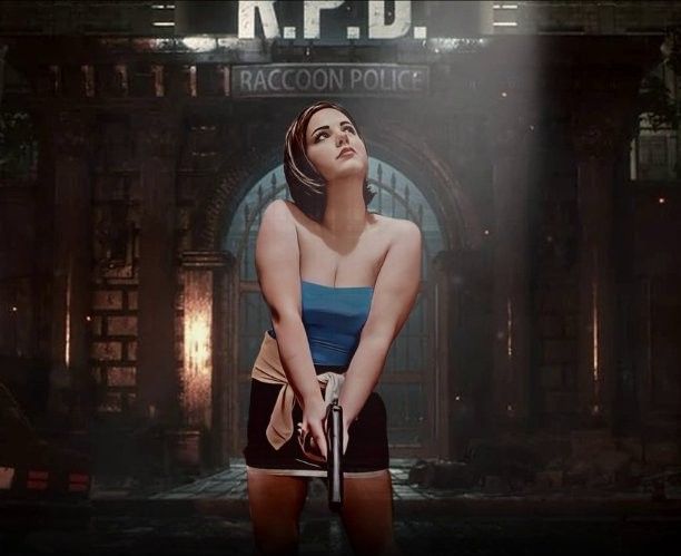 An edit of Linds as Jill Valentine, standing in front of Racoon City Police Dept