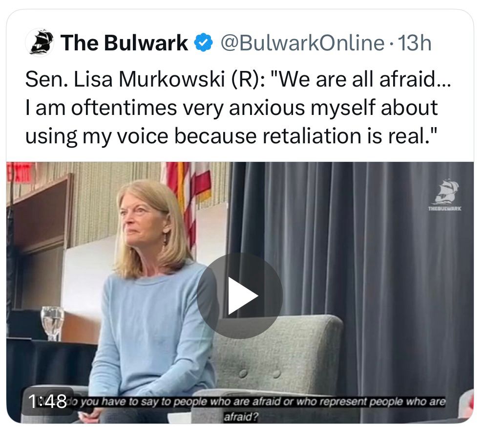 Senator Murkowski says “we are all afraid… I am oftentimes very anxious myself about using my voice because retaliation is real.”