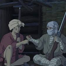 Still frame of the leper colony from Princess Mononoke by Miyazaki and Studio Ghibli
