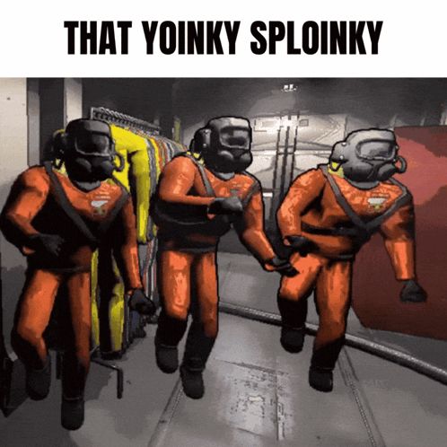 a group of people in orange suits are running in a room with the words that yoinky sploinky above them