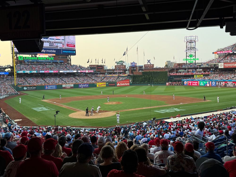 Citizens Bank Park view from behind home plate. The Phillies are batting.
