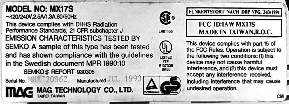 MAG MX17S product label on underside. From 1993. MAG was a Taiwanese company.