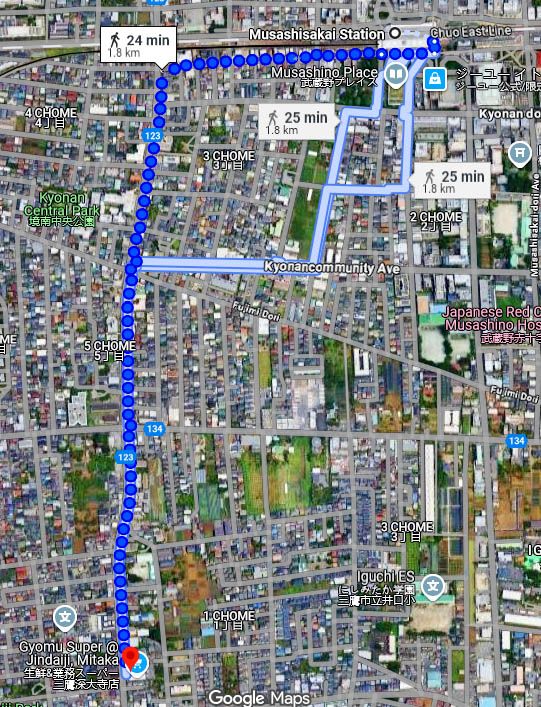 A map from Musashi Sakai station to the HardOff