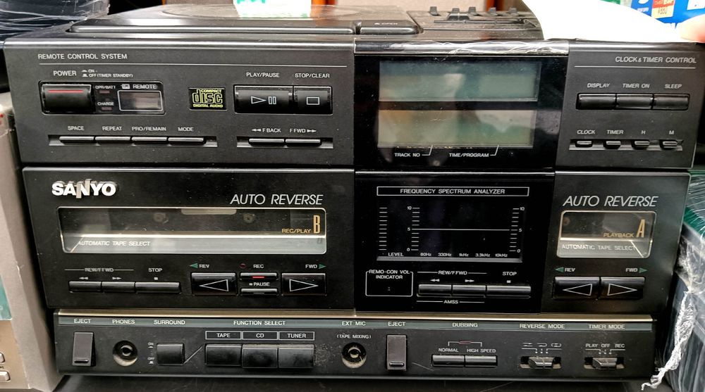 A Sanyo boombox with dual cassettes and readouts galore!