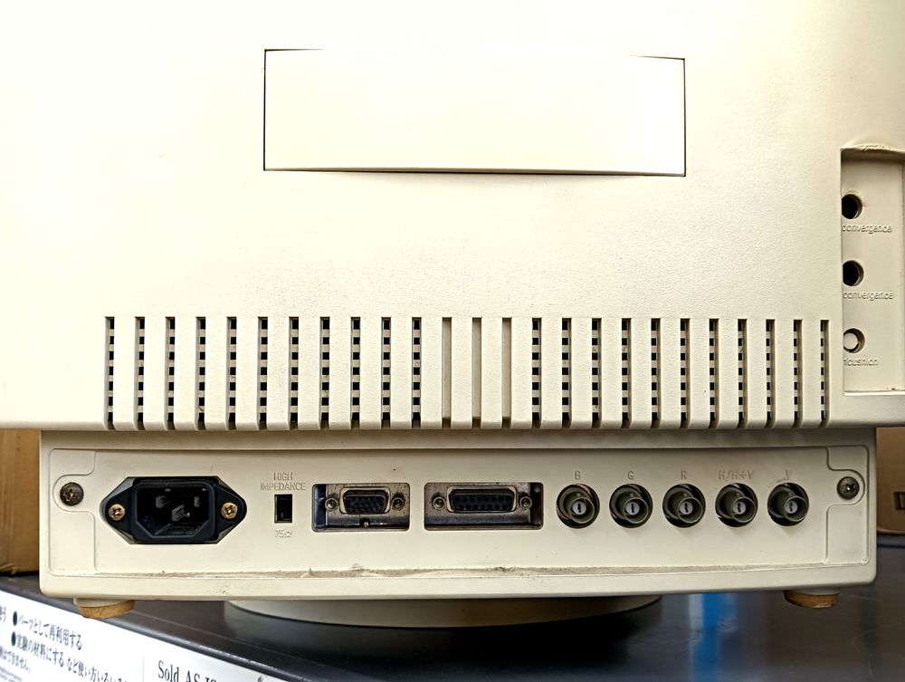 The back of the monitor showing some connections, maybe a Mac computer DA-15? and BNC with split or combined sync