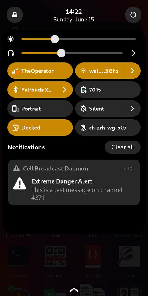 A notification in phosh's notification tray. 

Subject: "Extreme Danger Alert"
Body: "This is a test message on channel 4371"