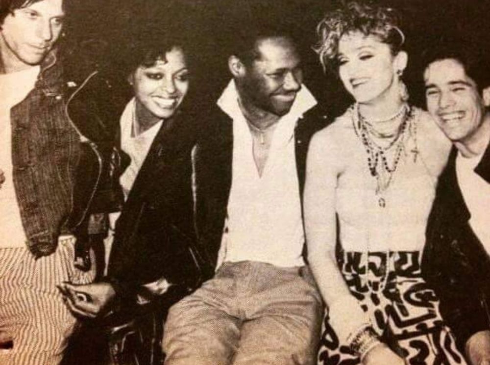 Here is Jeff Beck, Diana Ross, Nile Rodgers, Madonna and John 'Jellybean' Benitez, May 16 1984  at Keith Haring's birthday party at the Paradise Garage Nightclub in NYC. 
