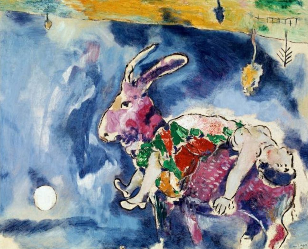 Image displays the painting The Dream (also known as Le Rêve or The Rabbit) by the artist Marc Chagall. It is considered a symbolic painting in the Surrealism style. 