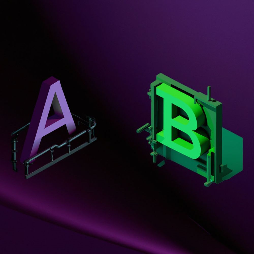 An A and a B in machinery against a purple background.